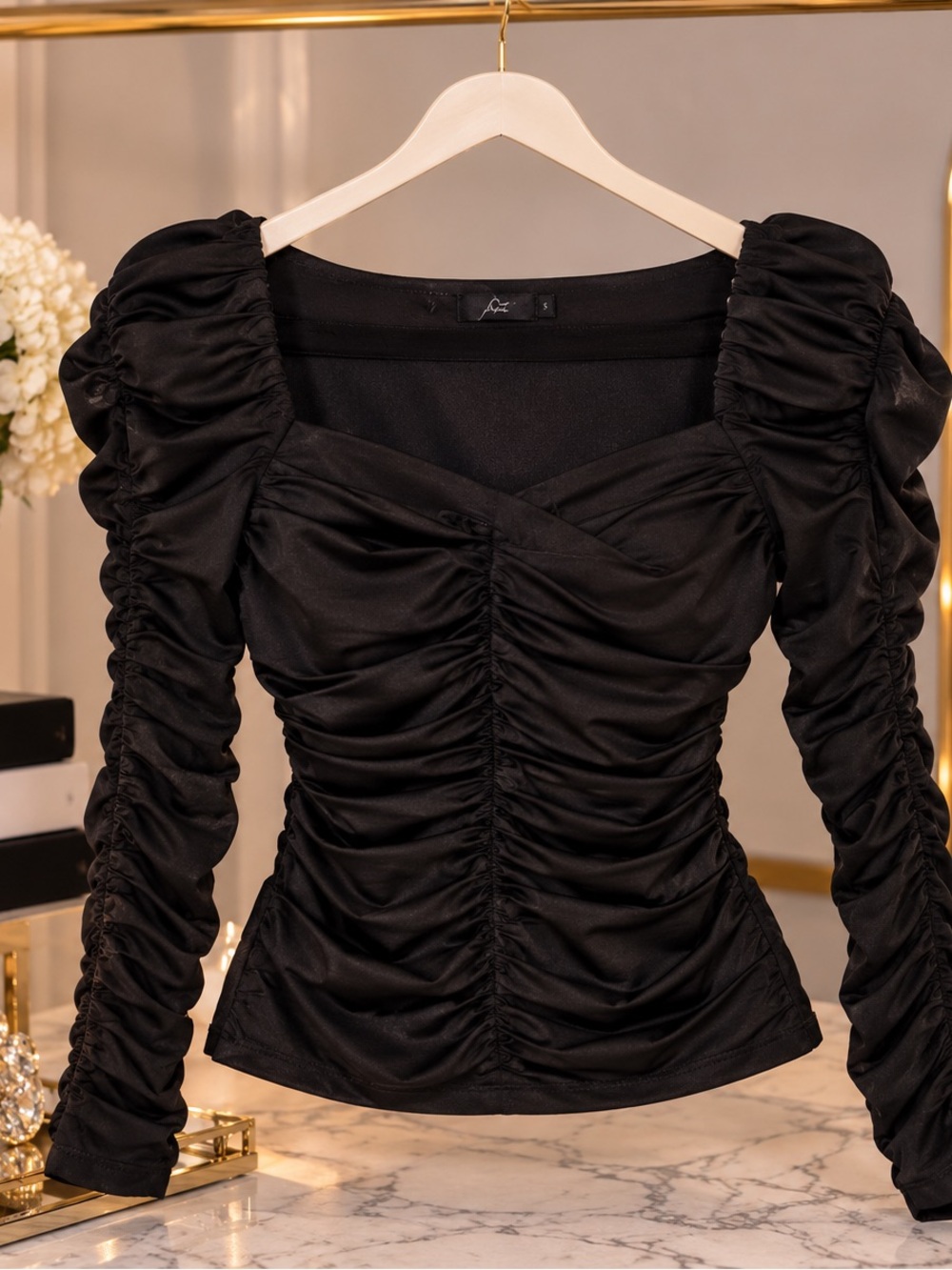 Stella Luce Black Ruched Puff-Sleeve Square Neck Blouse